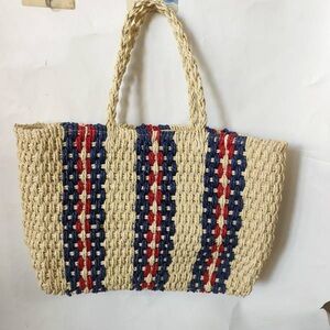 Woven Straw Tote Bag with Navy & Red Stripe